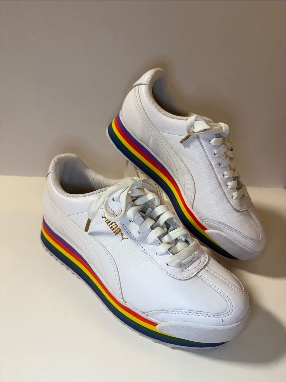 Puma White Leather Sneakers with Rainbow Stripe Midsole